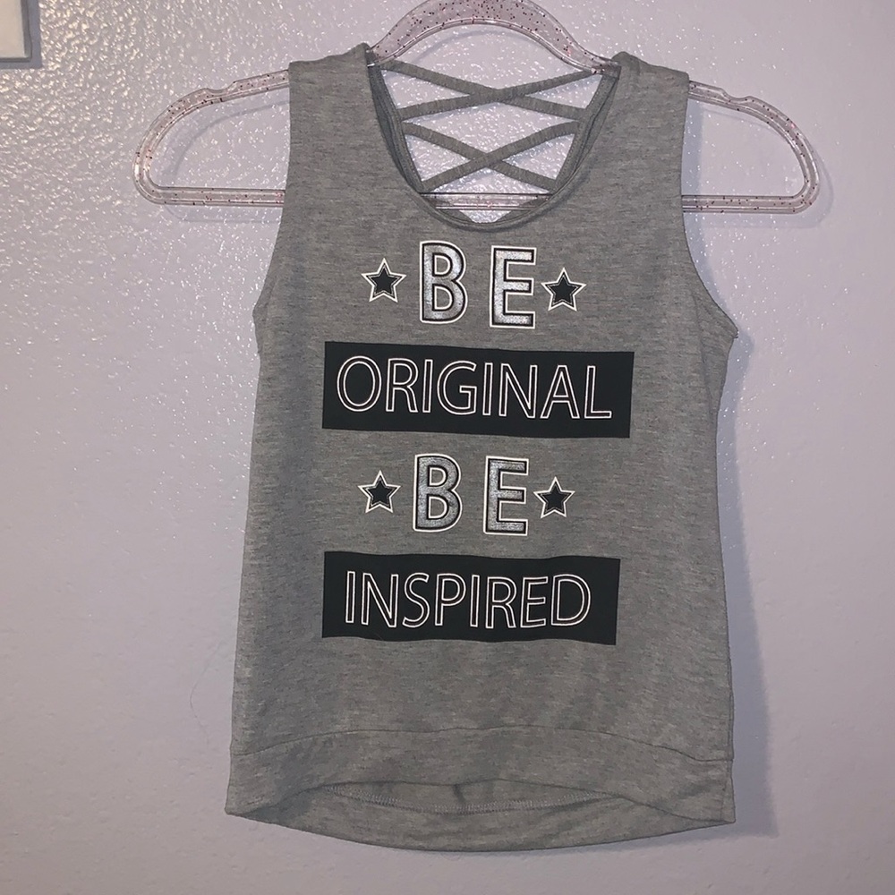 Knit Works Be Original Be Inspired Grey Sleeveless Muscle Shirt Criss-Cross Back